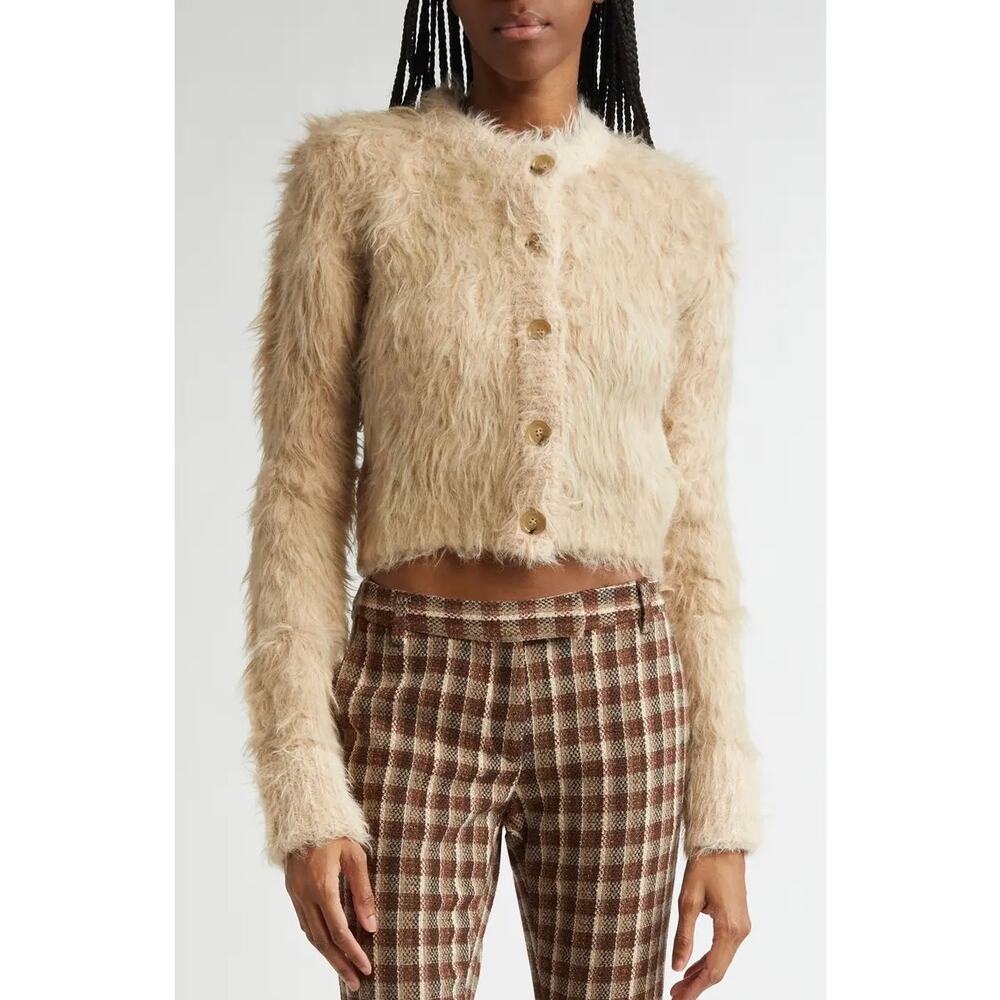 ACNE STUDIOS Kradi Textured Cardigan Faux Fur Chunky Knit Cropped Sweater Tan - Picture 2 of 16